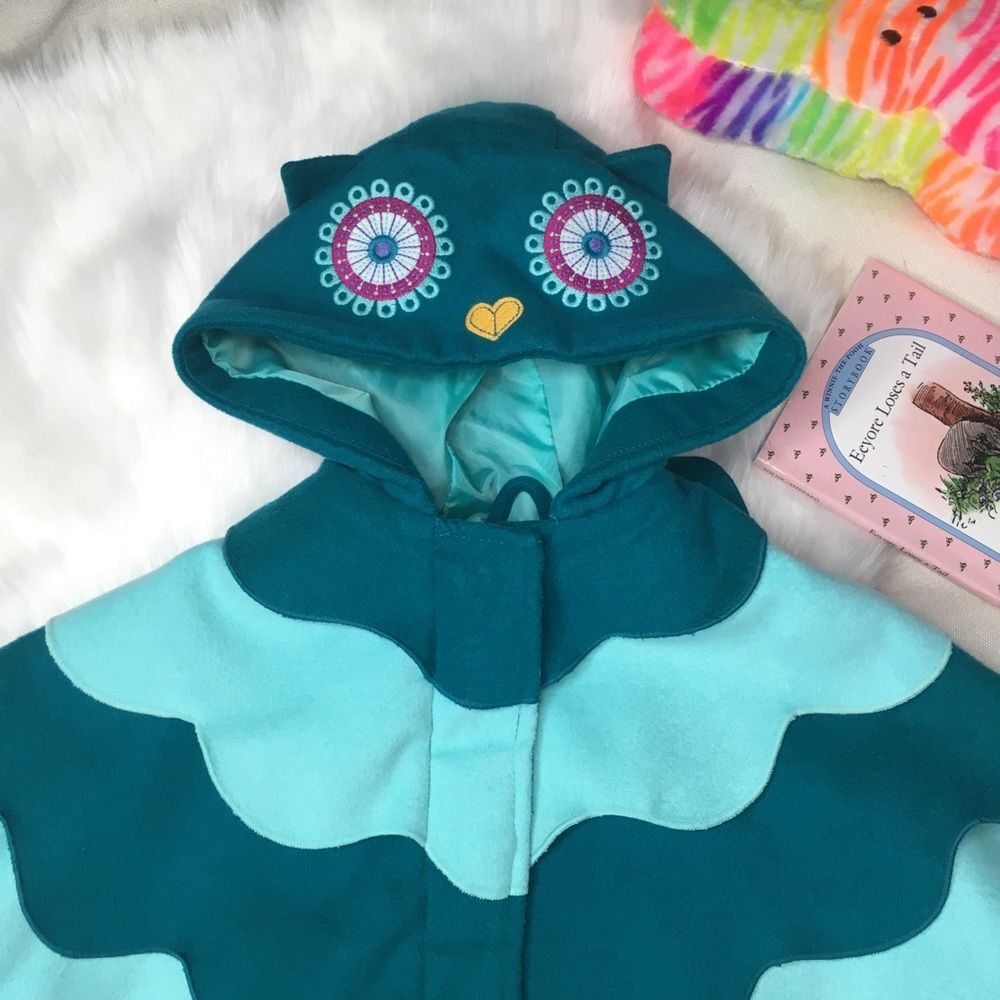 18M Teal Hooded Owl Layered Lined Coat Toddler Blue Sea Green Aqua Animal Jacket